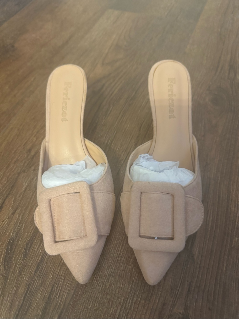 Pointed Toe Buckle Mule Heels in Blush - Picture 2 of 6